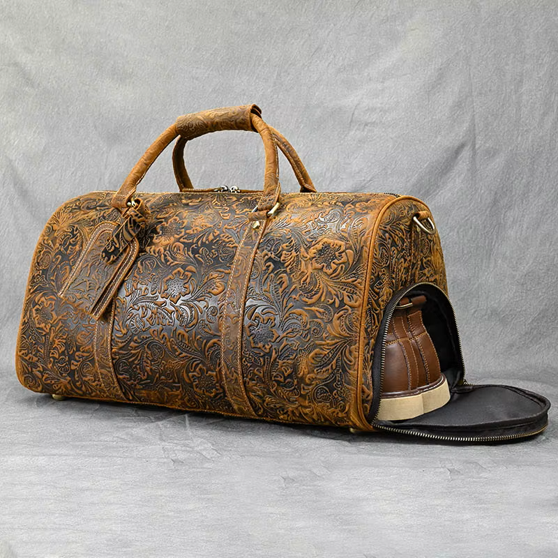 Handcrafted Embossed Cowhide Leather Duffle Bag