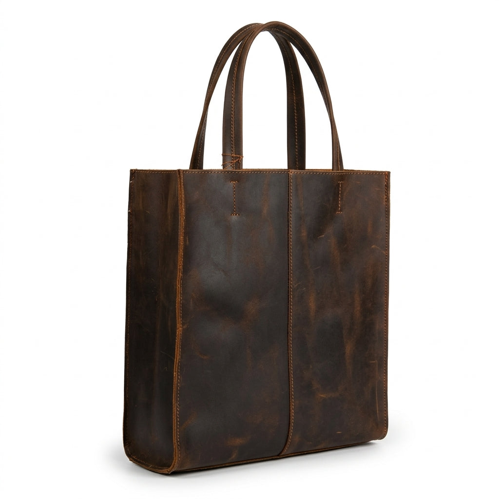 Vertical cowhide leather tote with pouch by Cortfashion
