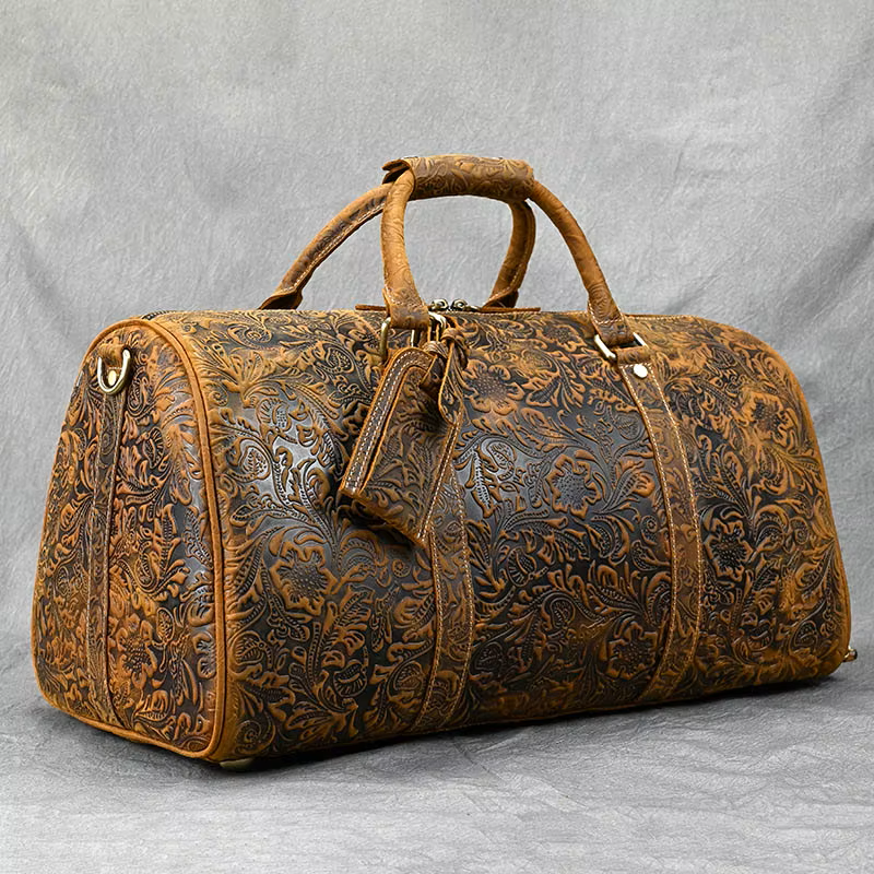 Handcrafted Embossed Cowhide Leather Duffle Bag