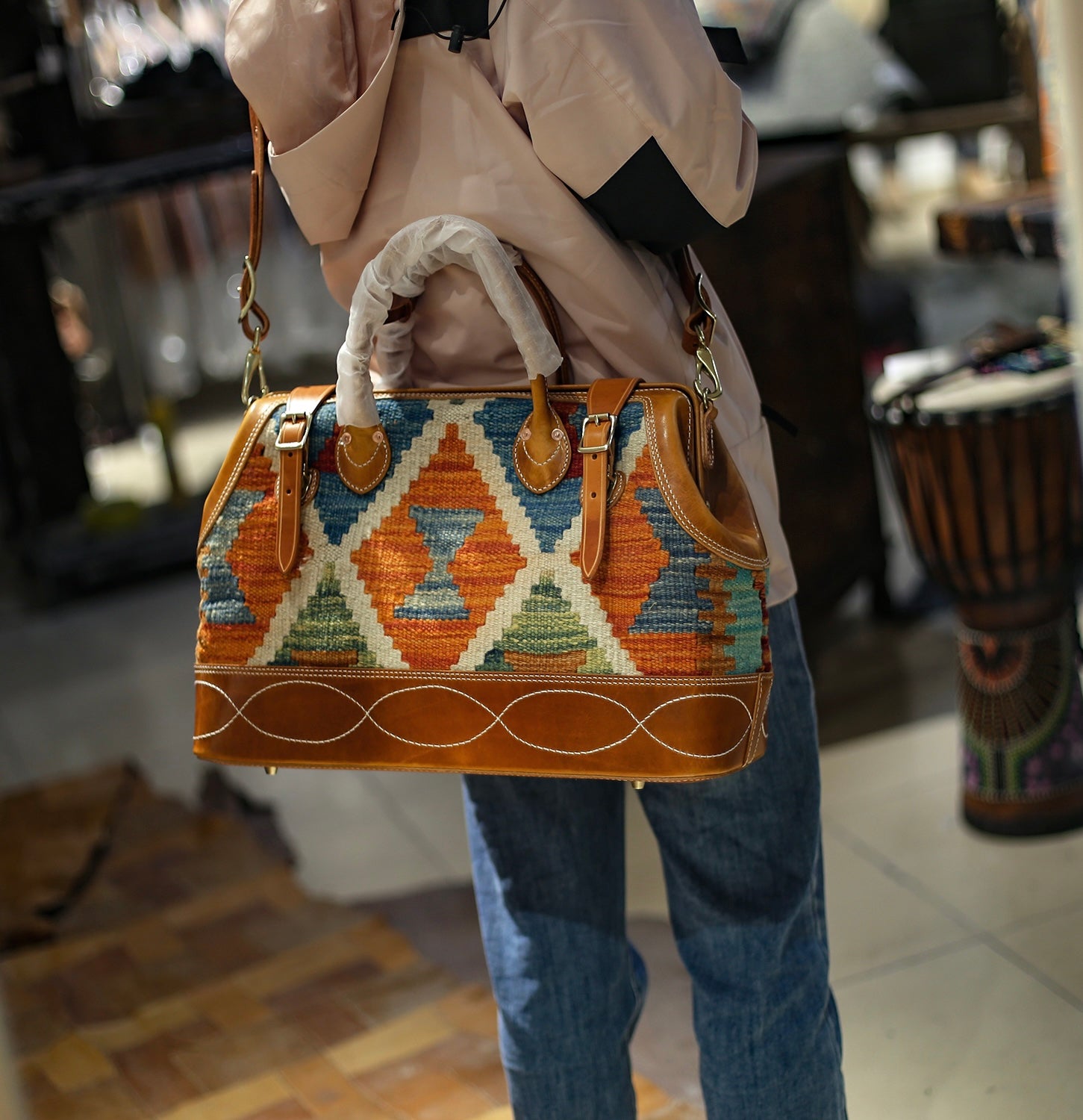 Handcrafted Wool Rug & Leather Travel Bag