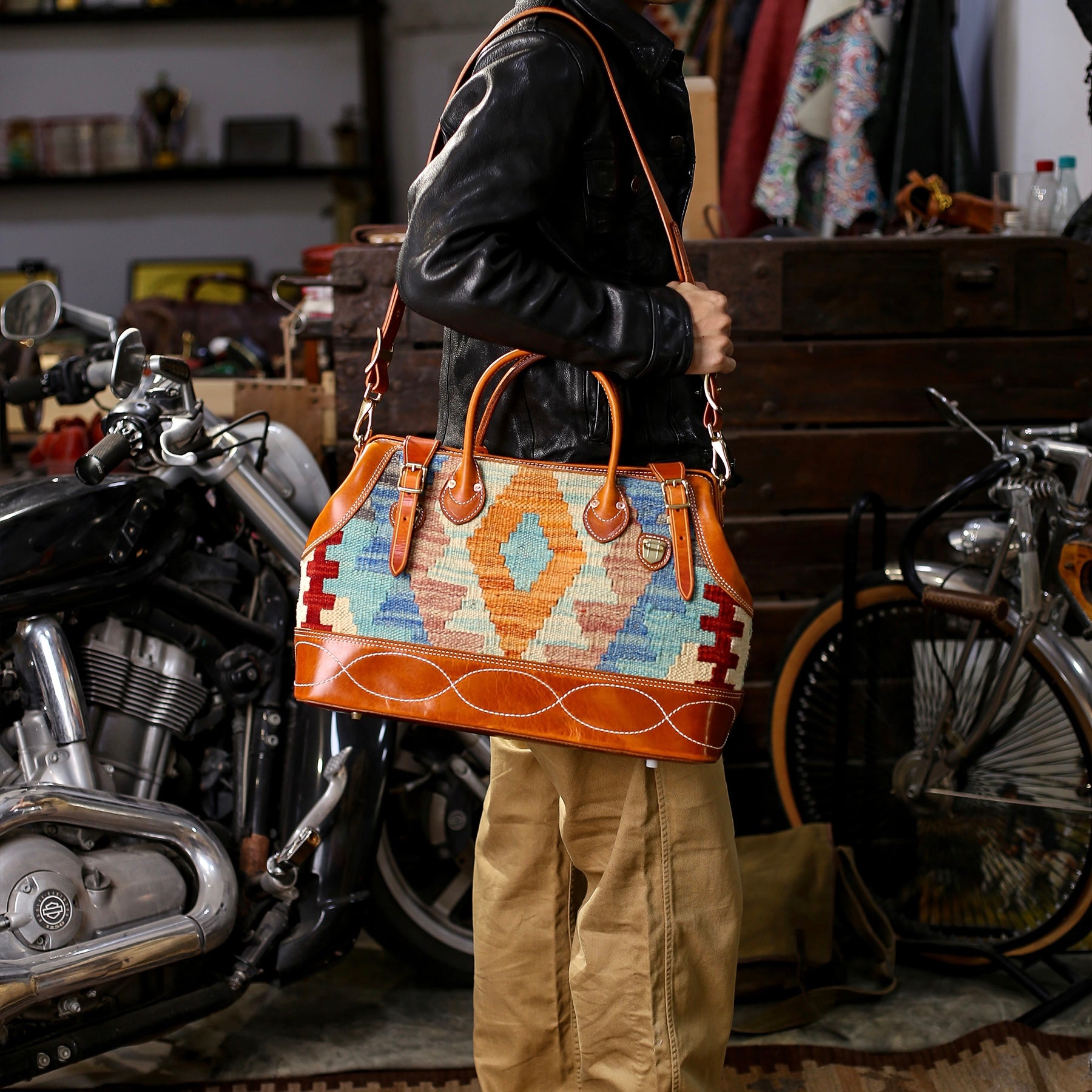 Handcrafted Wool Rug & Leather Travel Bag