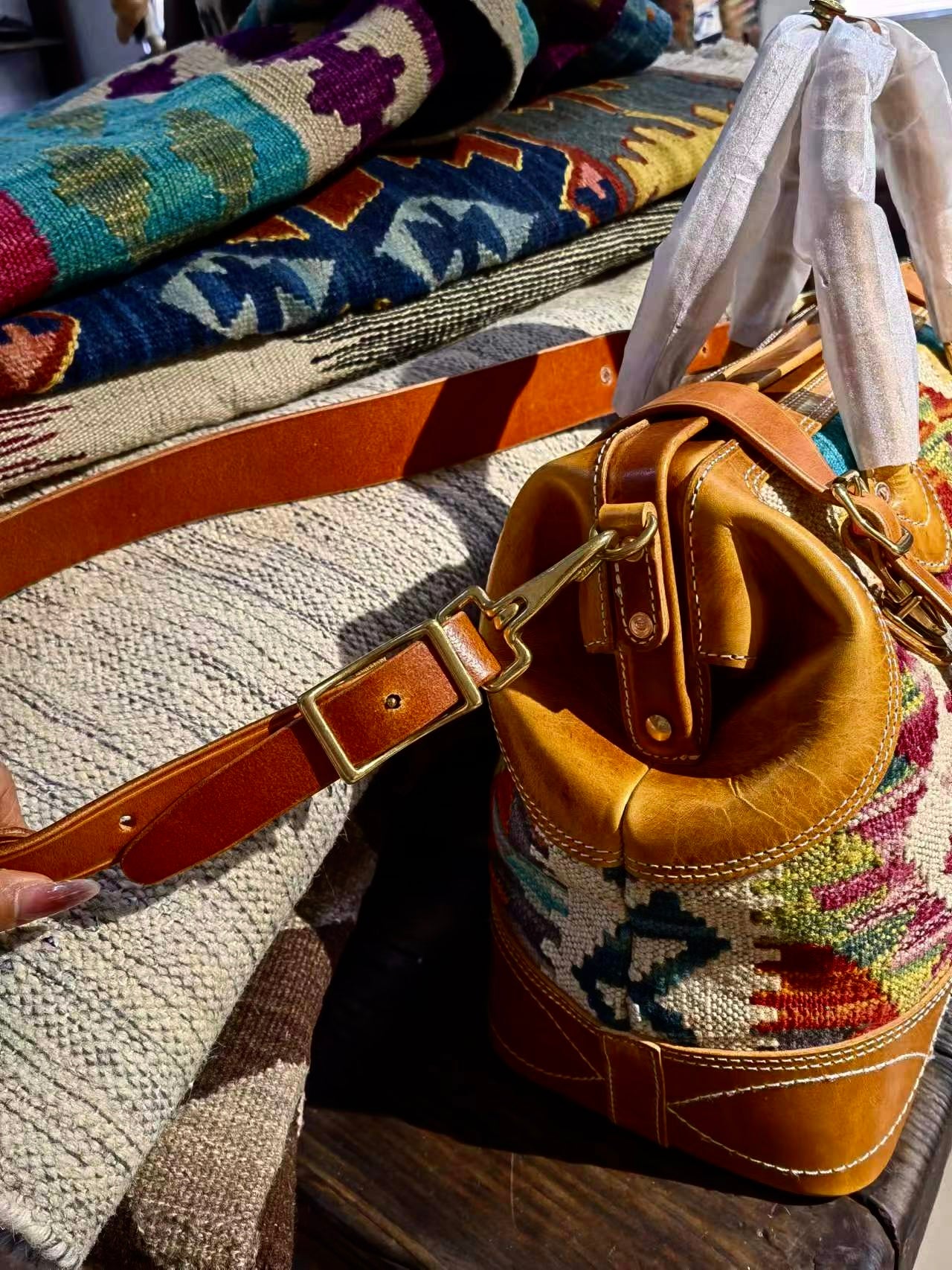 Handcrafted Wool Rug & Leather Travel Bag