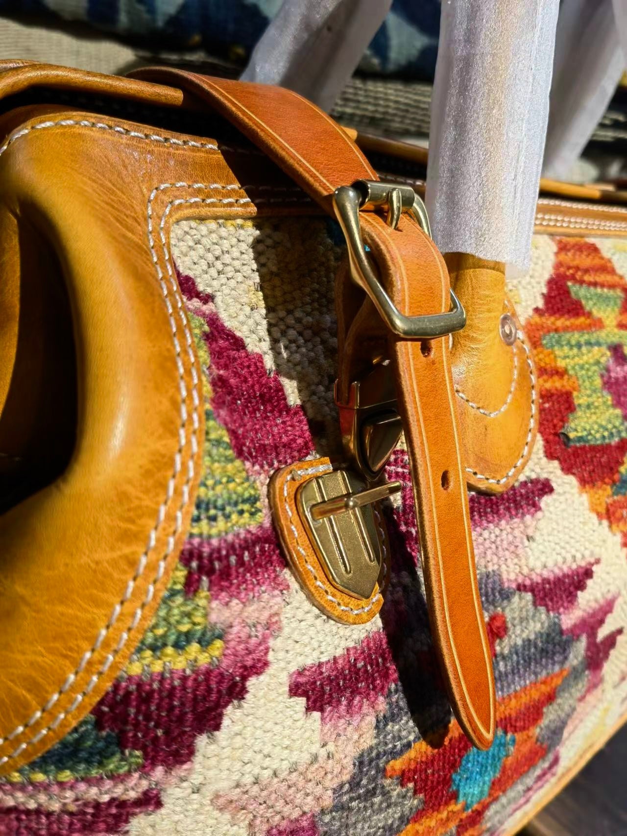 Handcrafted Wool Rug & Leather Travel Bag