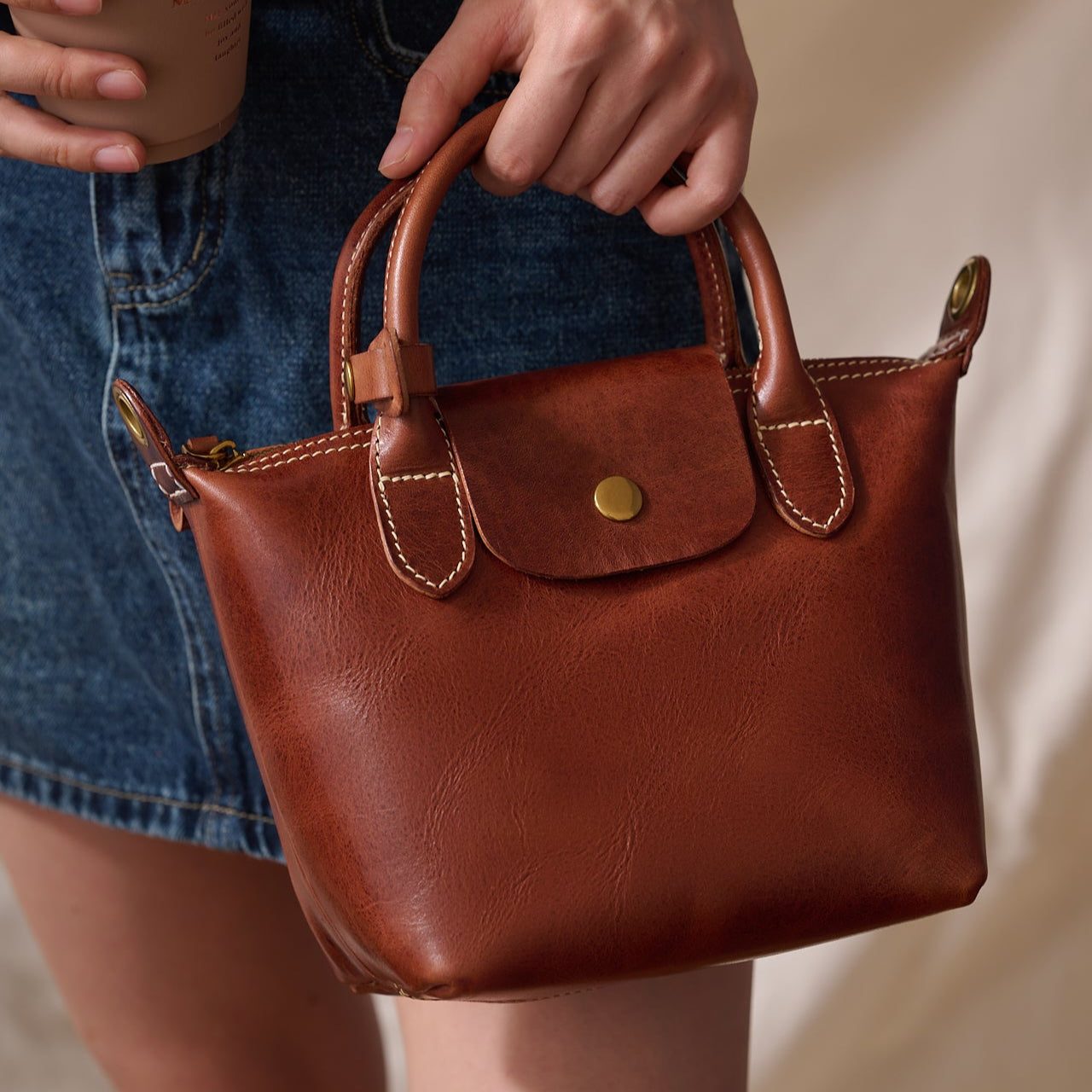 Handmade Cowhide Leather Mini Tote Bag