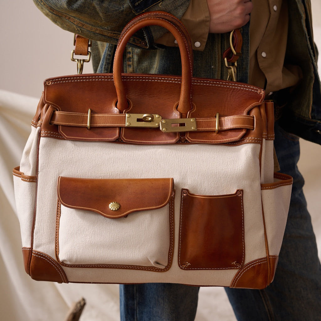 Handmade Full-Grain Leather & Canvas Travel Bag