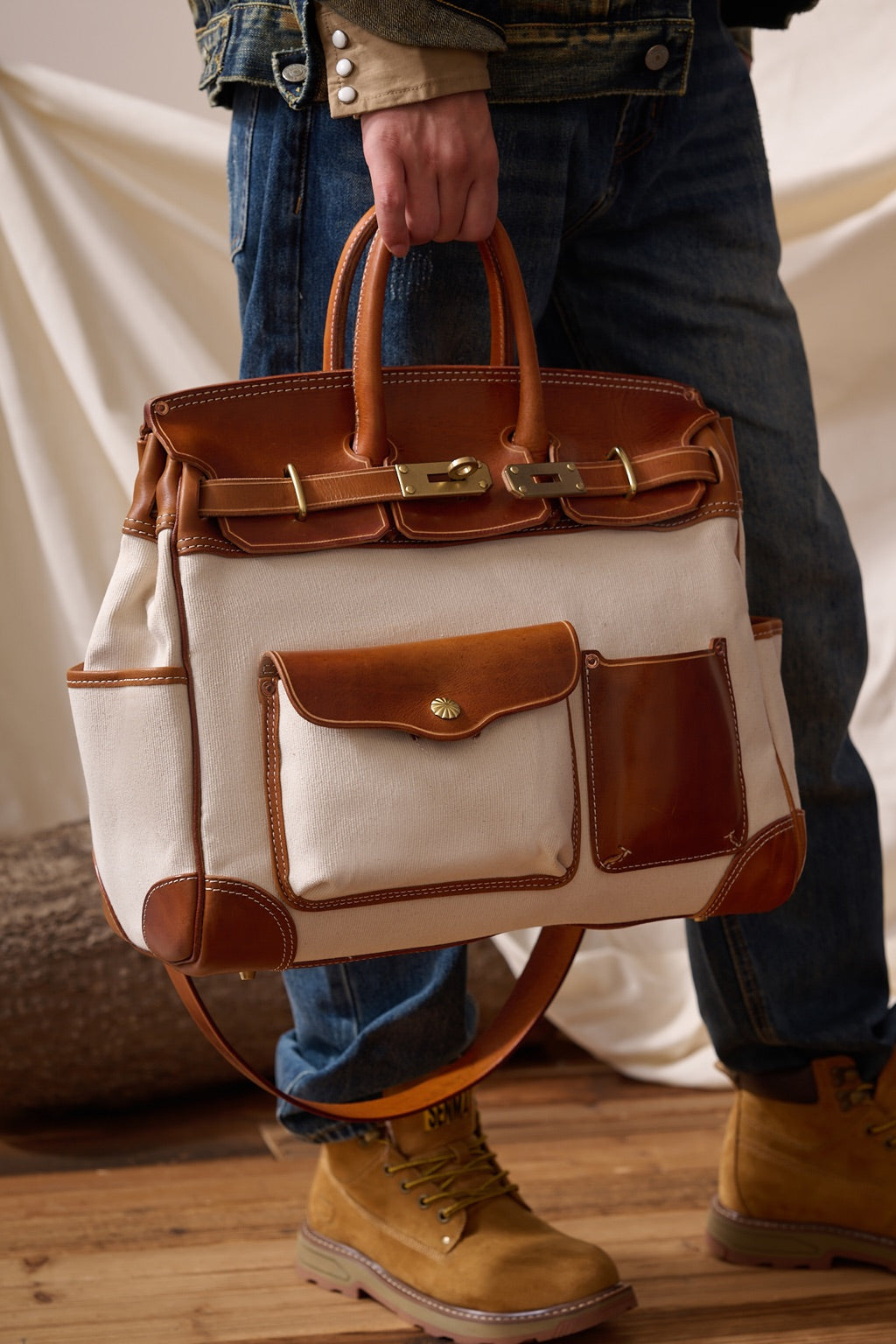 Handmade Full-Grain Leather & Canvas Travel Bag