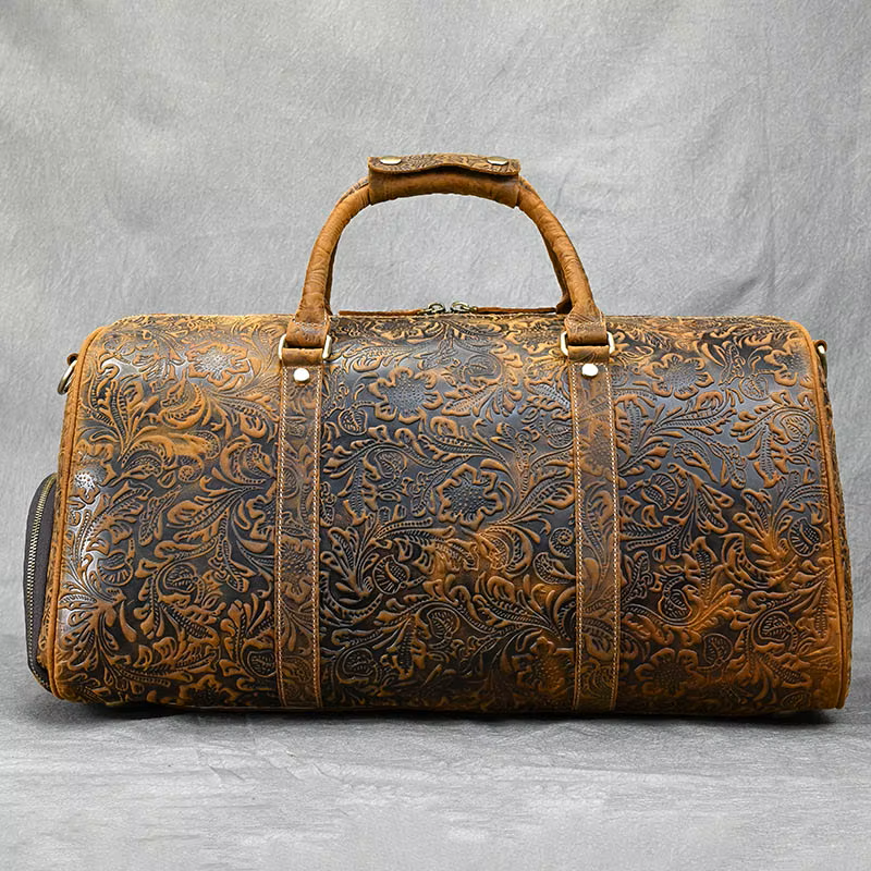 Handcrafted Embossed Cowhide Leather Duffle Bag
