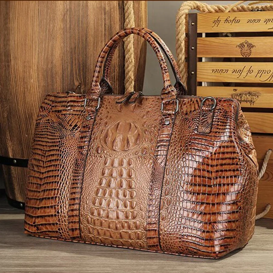 Sophisticated Crocodile-Texture Travel Bag