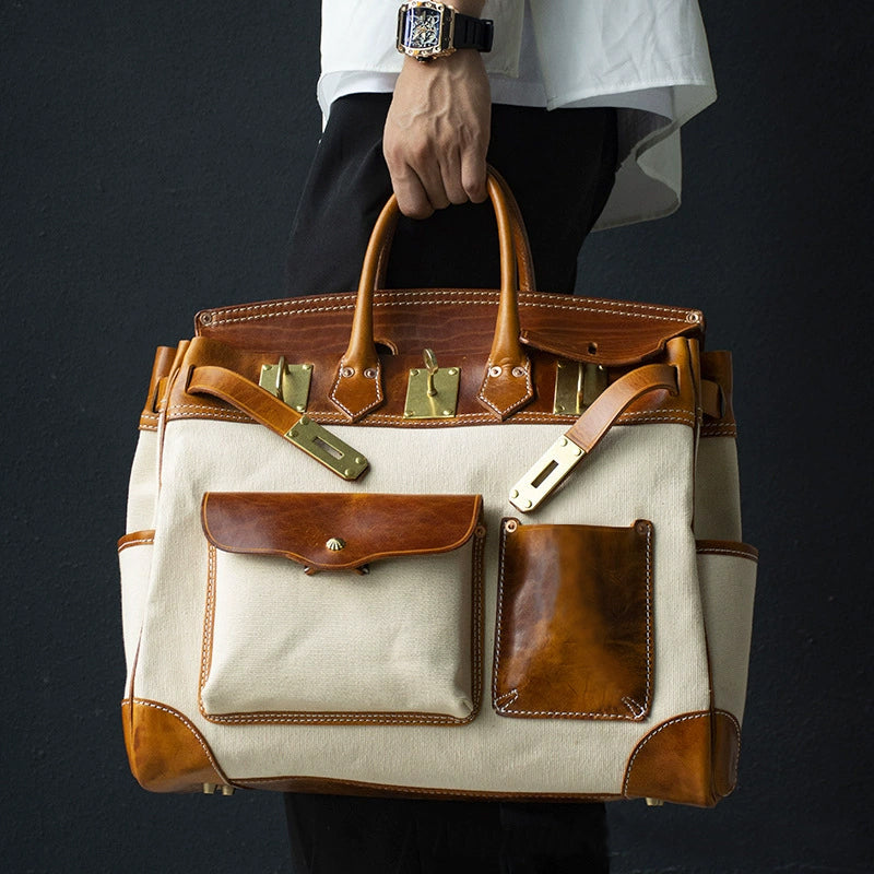 Handmade Full-Grain Leather & Canvas Travel Bag