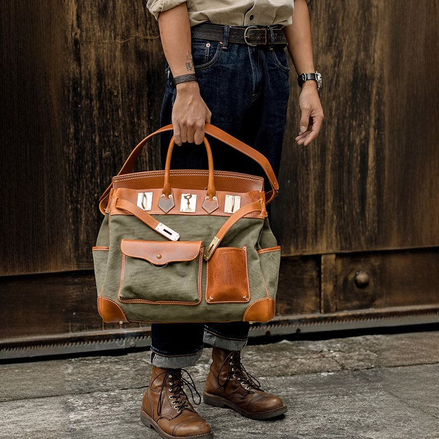 Handmade Full-Grain Leather & Canvas Travel Bag
