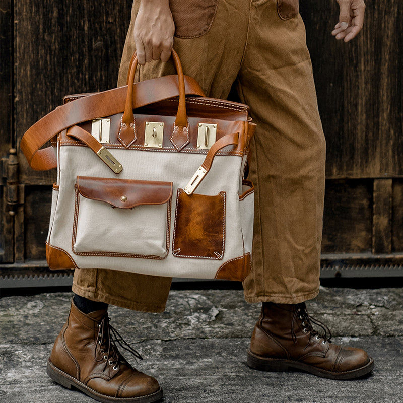 Handmade Full-Grain Leather & Canvas Travel Bag