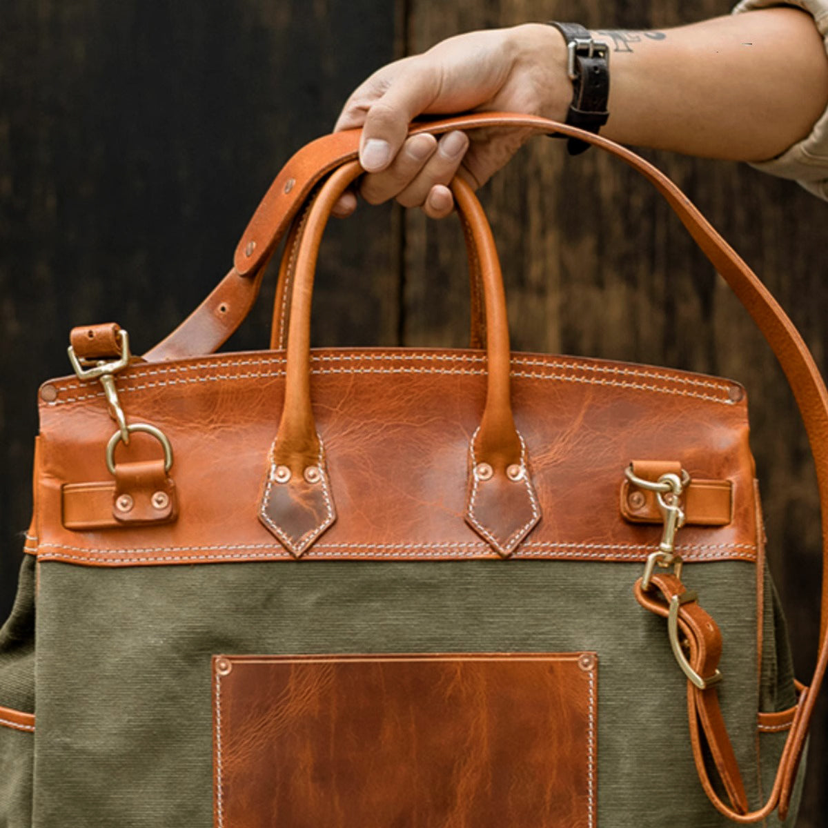 Handmade Full-Grain Leather & Canvas Travel Bag