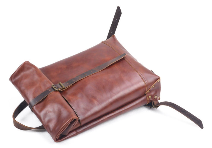 Leather Roll-Top Laptop Backpack