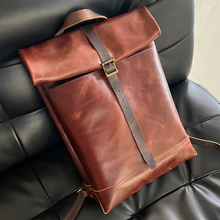 Leather Roll-Top Laptop Backpack
