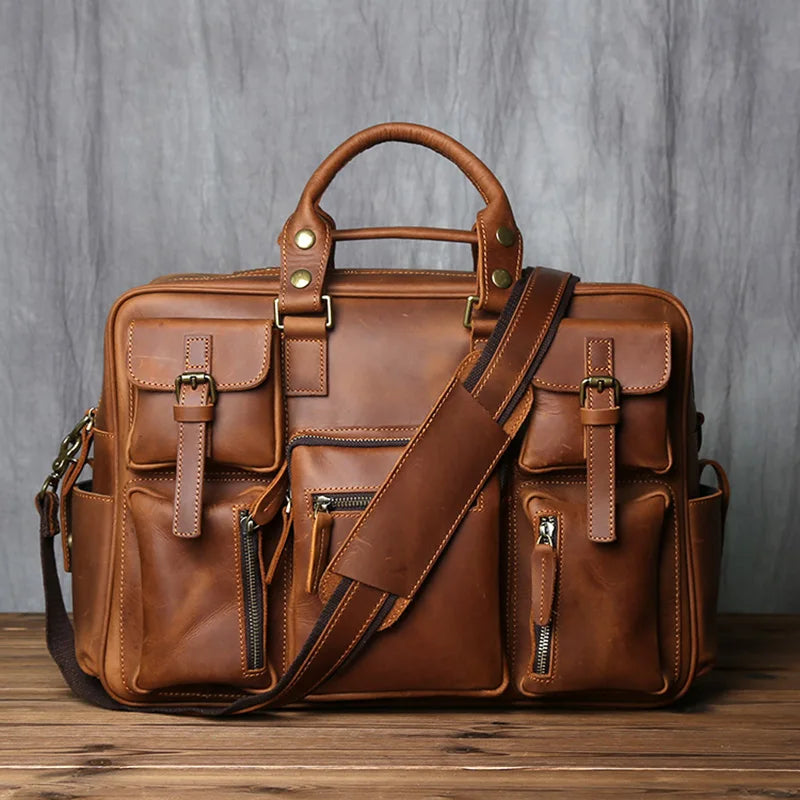 Multi-Pocket Leather Briefcase