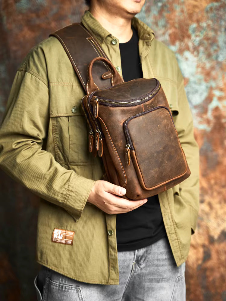 Vintage Coffee Cowhide Shoulder Sling Bag