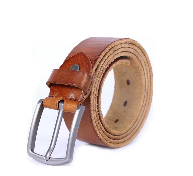 Classic Full-Grain Leather Belt with Brushed Metal Buckle
