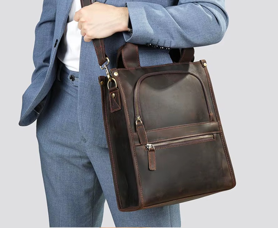 Vintage Cowhide Leather Vertical Messenger Bag