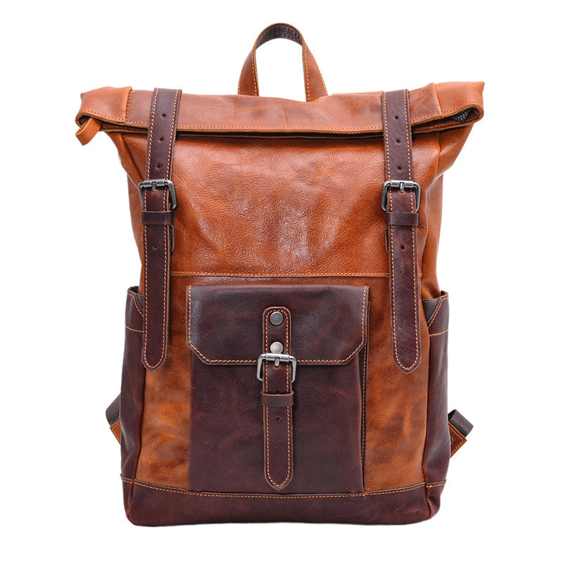backpack designed for carry on luggage fold top leather Large Leather Backpack For 16In Laptop,Mens Vegetable Tanned Leather Travel Backpack-i7bags Brown-CW