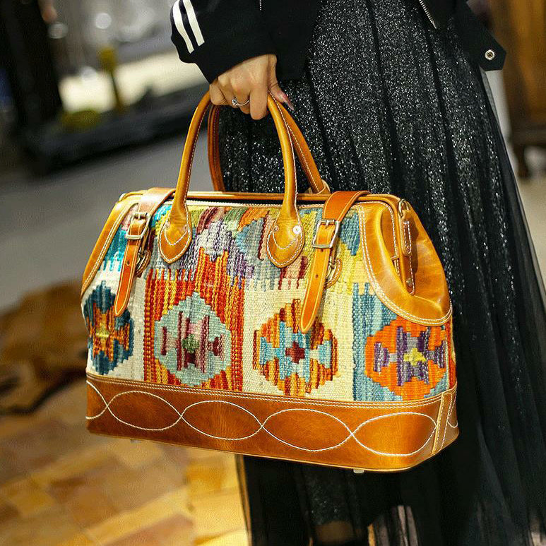 Handcrafted Wool Rug & Leather Travel Bag