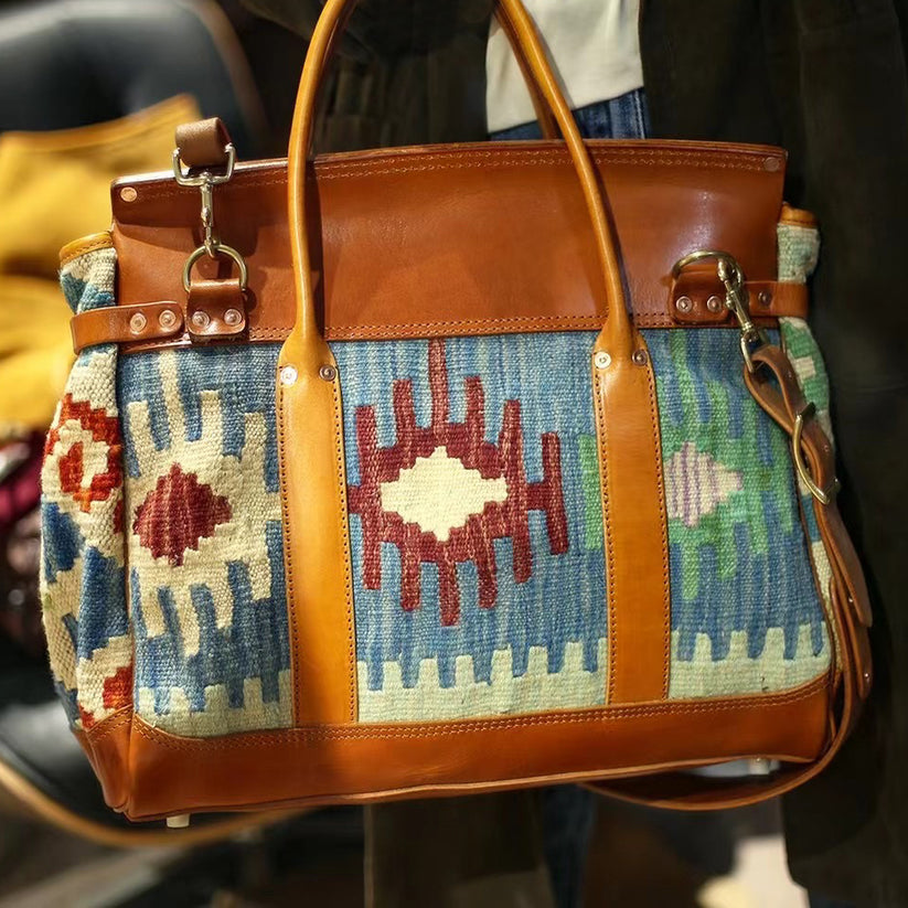 Wool Carpet Leather Tote – Classic, Handmade,