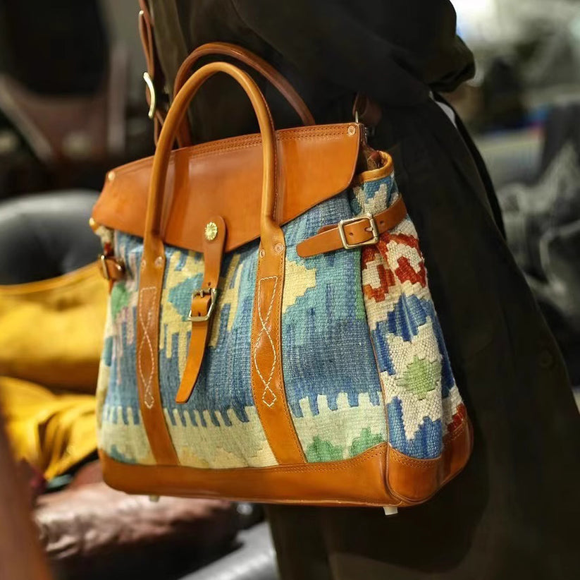 Wool Carpet Leather Tote – Classic, Handmade,