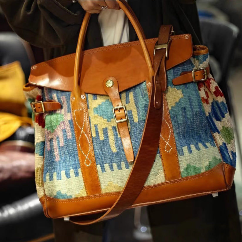 Wool Carpet Leather Tote – Classic, Handmade,