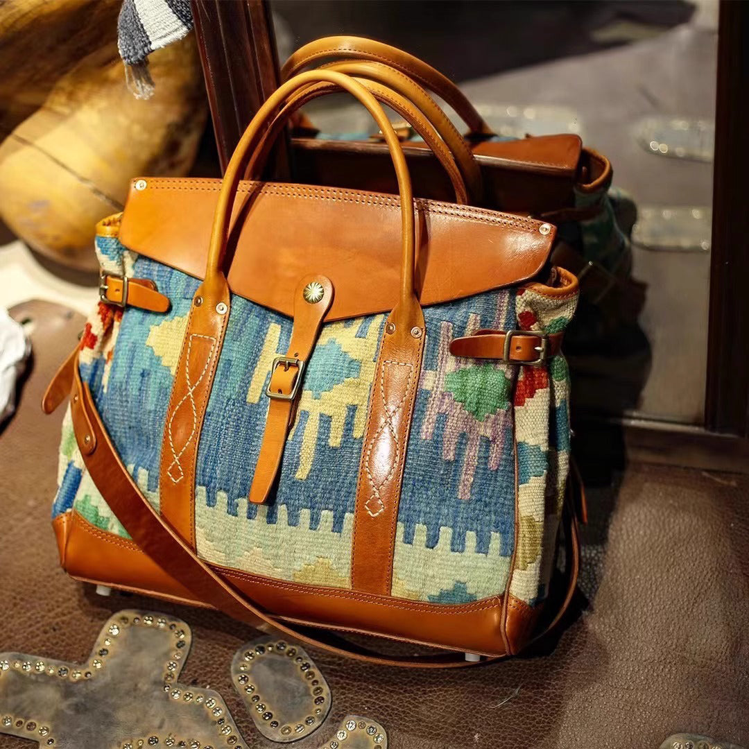 Wool Carpet Leather Tote – Classic, Handmade,