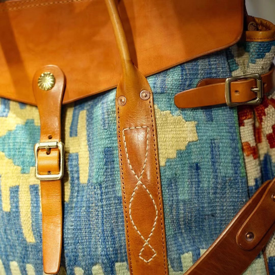 Wool Carpet Leather Tote – Classic, Handmade,