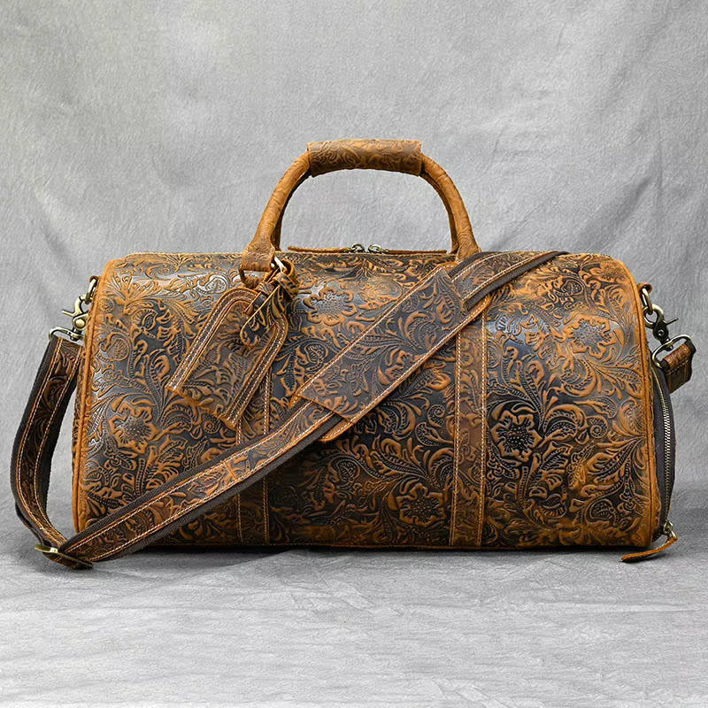 Handcrafted Embossed Cowhide Leather Duffle Bag
