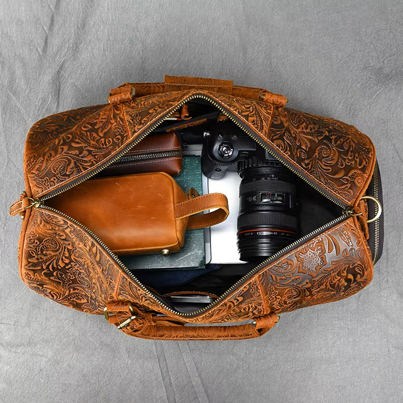 Handcrafted Embossed Cowhide Leather Duffle Bag