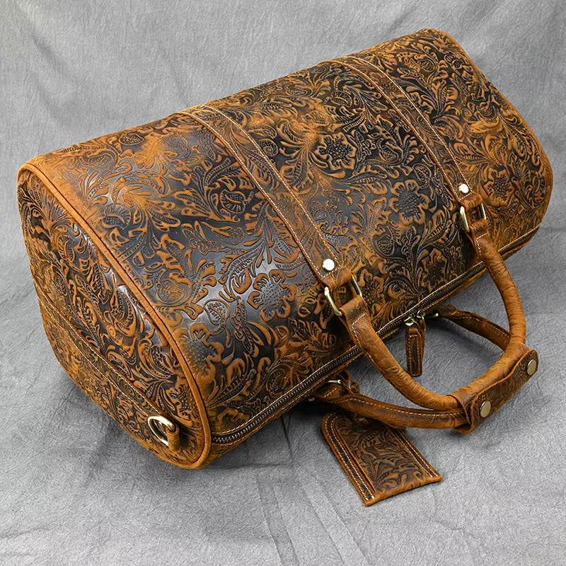 Handcrafted Embossed Cowhide Leather Duffle Bag