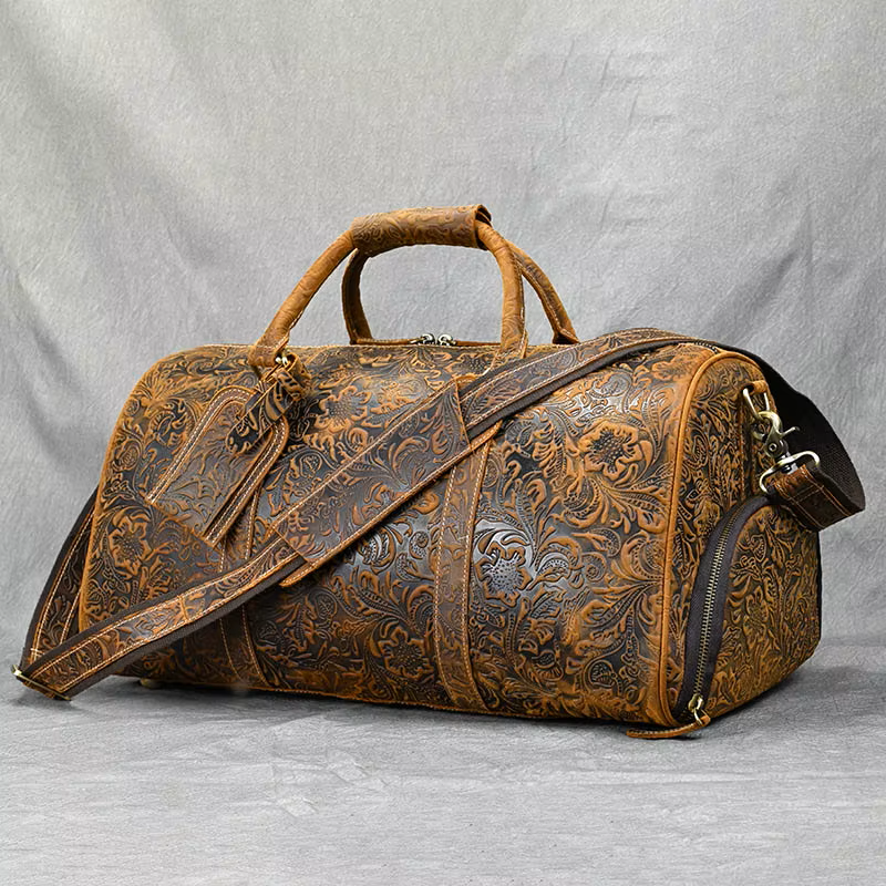 Handcrafted Embossed Cowhide Leather Duffle Bag