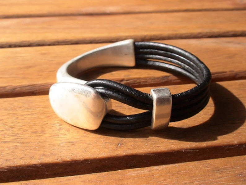 Genuine Leather and Silver-Plated Cuff Bracelet