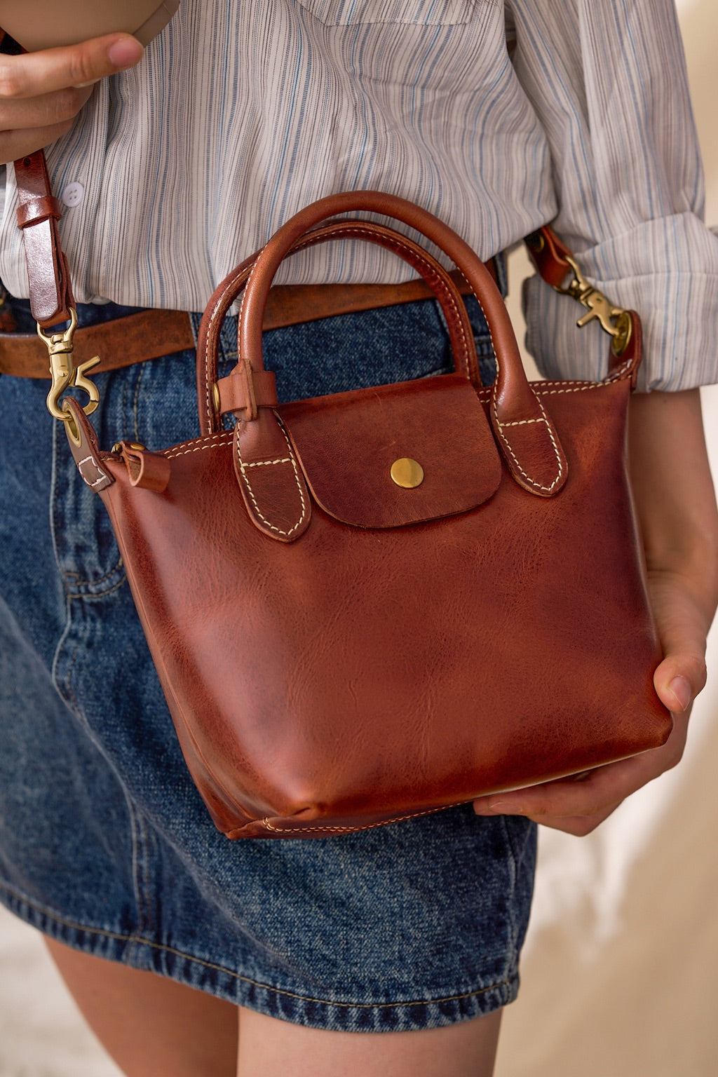 Handmade Cowhide Leather Mini Tote Bag