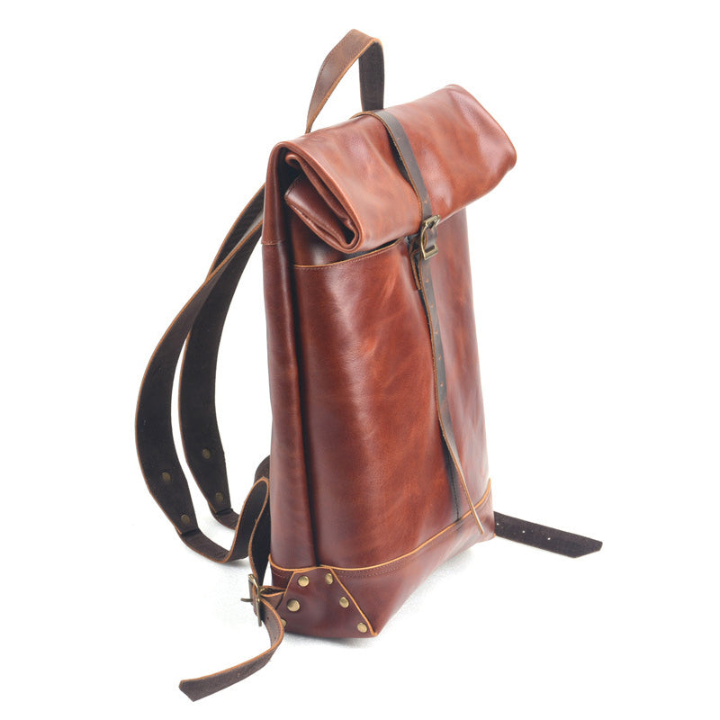 Leather Roll-Top Laptop Backpack