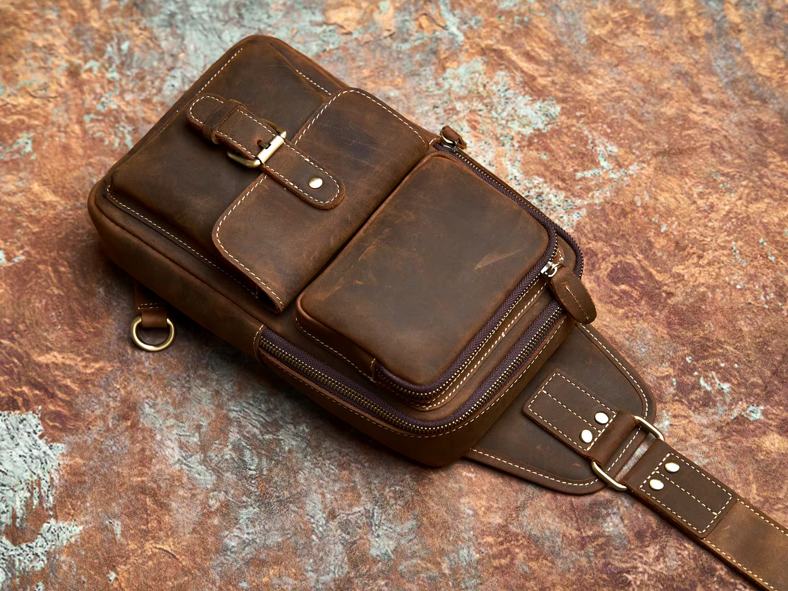 Compact Vintage Coffee Leather Sling Bag