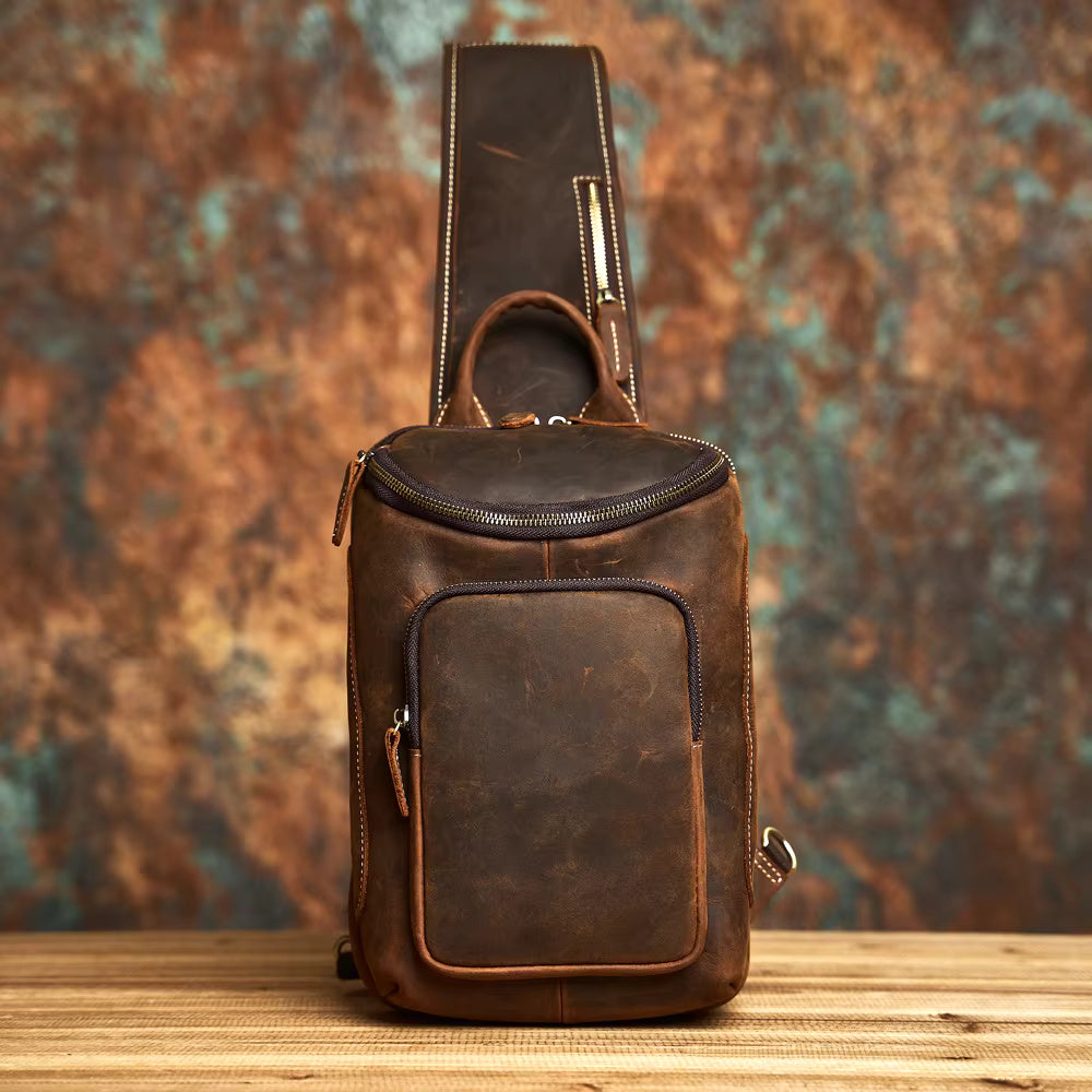 Vintage Coffee Cowhide Shoulder Sling Bag