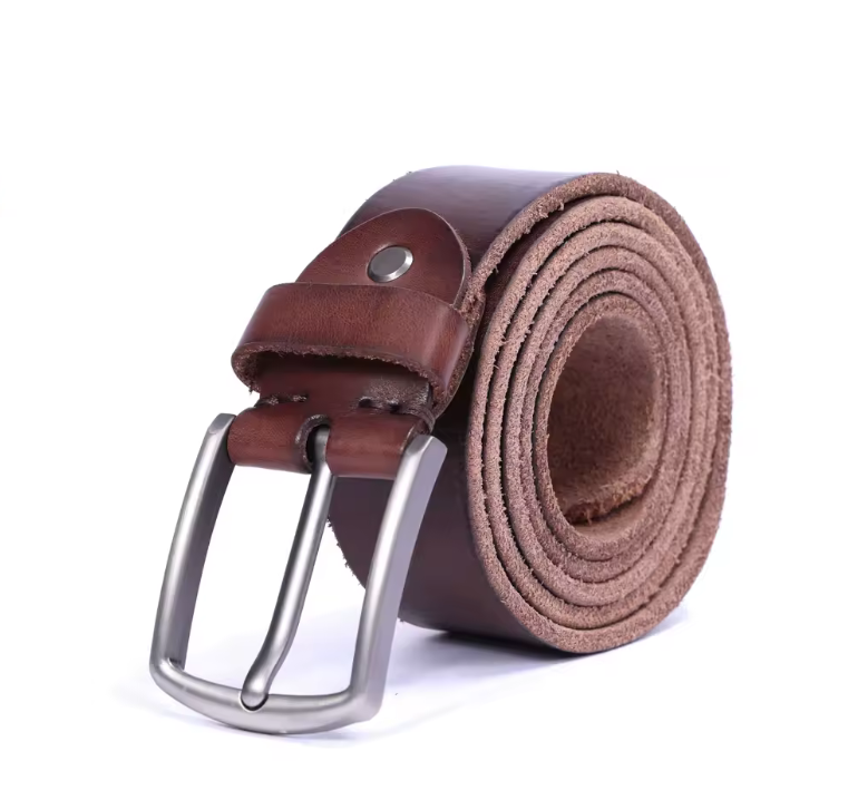 Classic Full-Grain Leather Belt with Brushed Metal Buckle