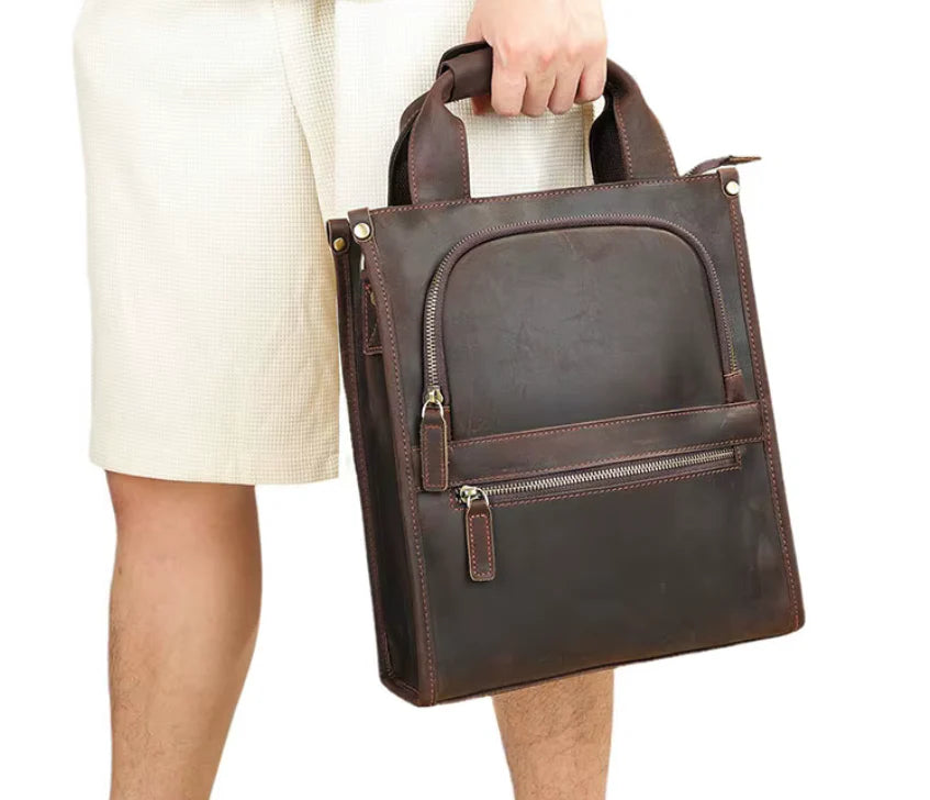 Vintage Cowhide Leather Vertical Messenger Bag