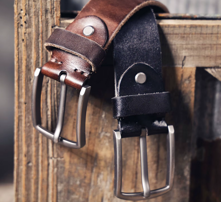 Classic Full-Grain Leather Belt with Brushed Metal Buckle