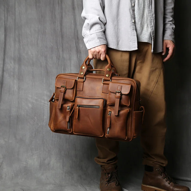 Multi-Pocket Leather Briefcase