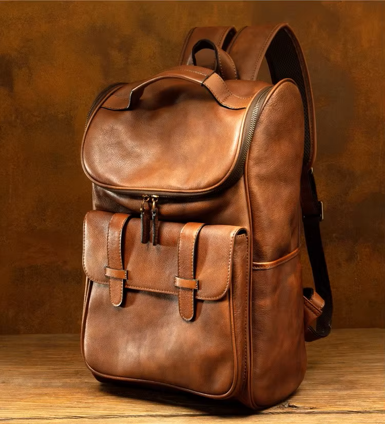 Rustic Voyager Full-Grain Leather Travel Backpack