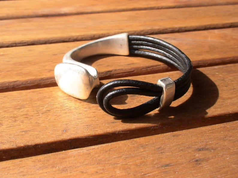 Genuine Leather and Silver-Plated Cuff Bracelet