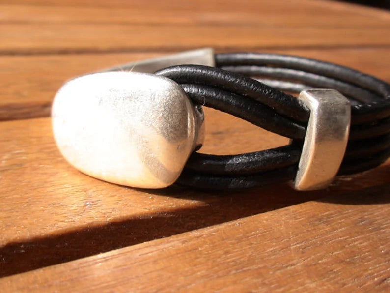 Genuine Leather and Silver-Plated Cuff Bracelet