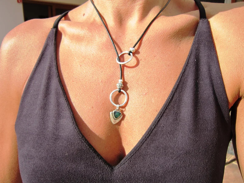 boho-chic leather and silver necklace.