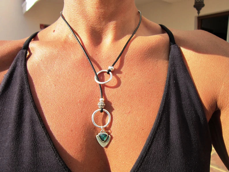 boho-chic leather and silver necklace.