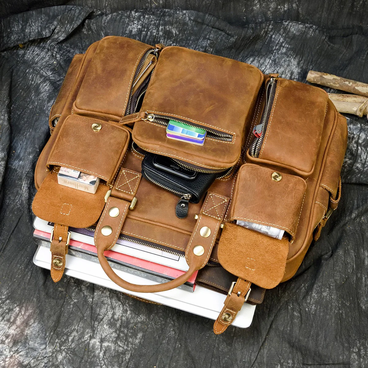 Multi-Pocket Leather Briefcase